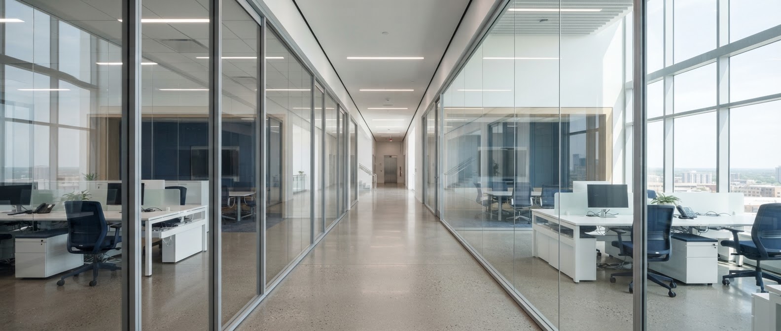 Modern office interior with frameless glass partitions